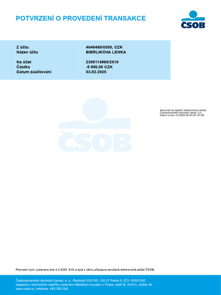 Csob Potvrzeni o Transakci | PDF