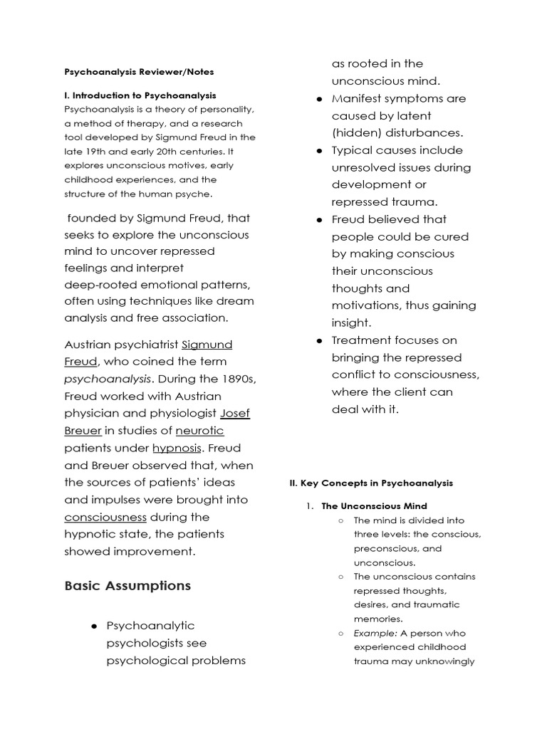 Psychoanalysis Reviewer Notes | PDF | Psychoanalysis | Unconscious Mind