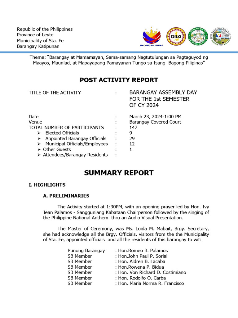 Barangay Assembly Day Report 2024 | PDF | Crimes | Crime & Violence