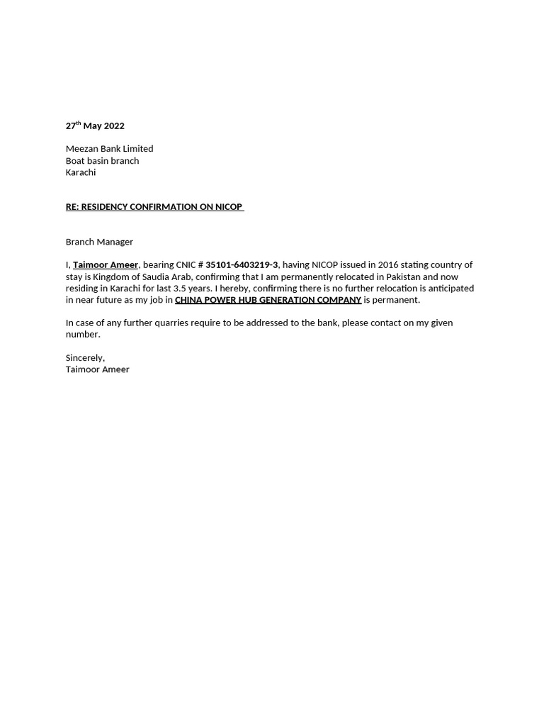 NICOP - Residency Confirmation Letter Format | PDF