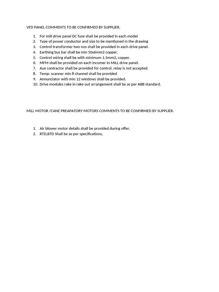 VFD Panel and Motor Specifications | PDF