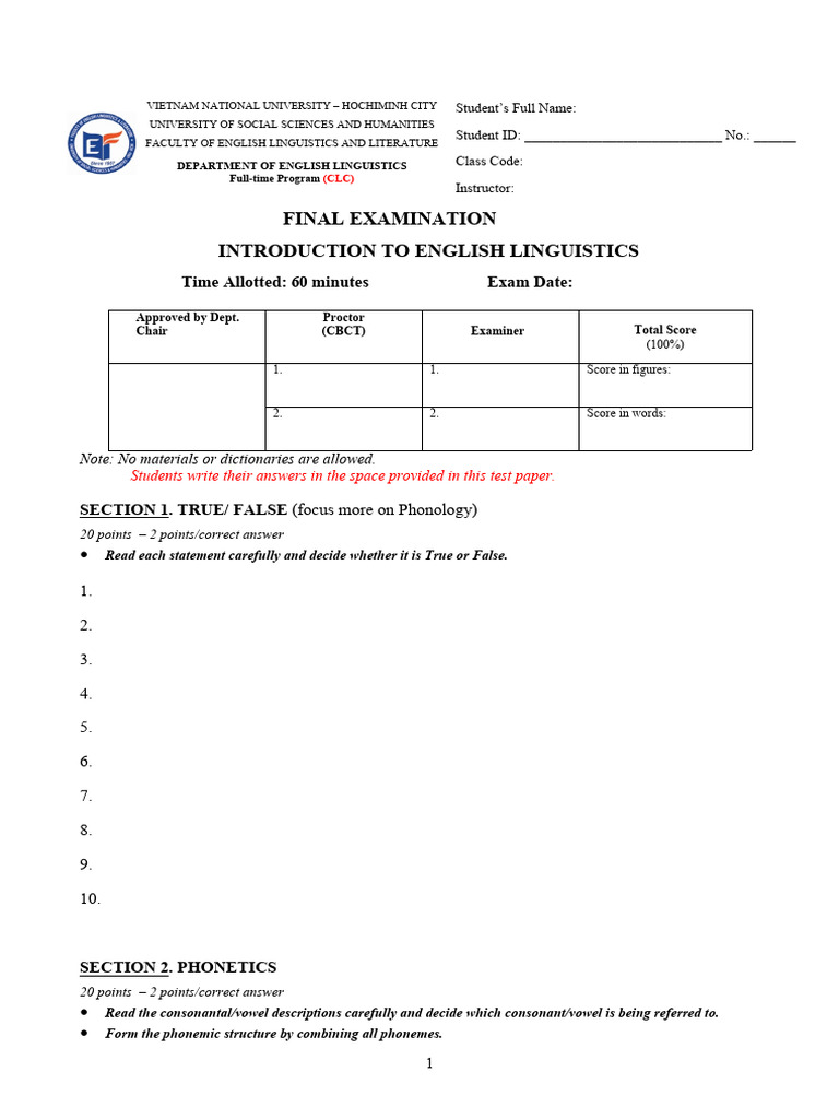 English Linguistics Final Exam Guide | PDF | Phoneme | Word