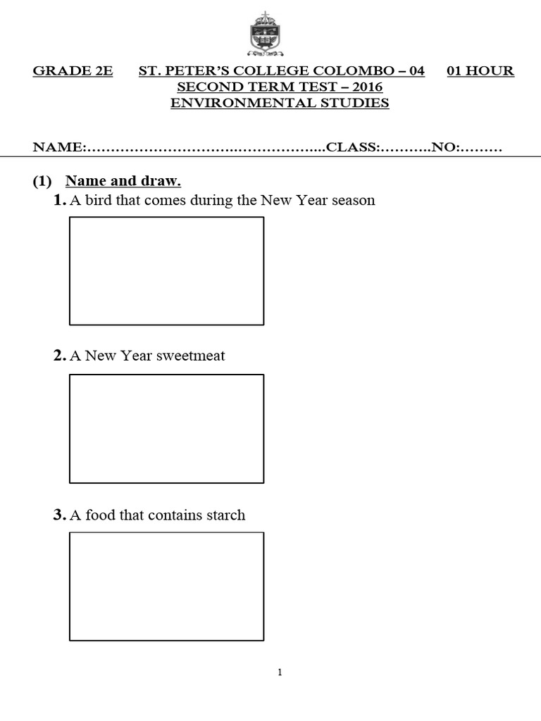 Grade 2 Environmental Studies Test | PDF | Foods