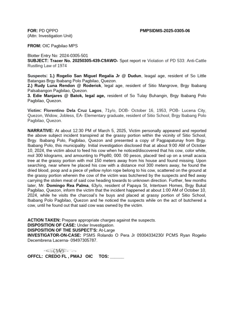 Spot Report Re Violation of PD 533 Anti-Cattle Rustling Law of 1974 | PDF
