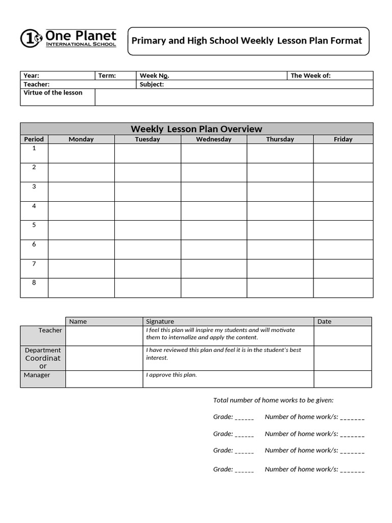 Weekly Lesson Plan Template for Schools | PDF