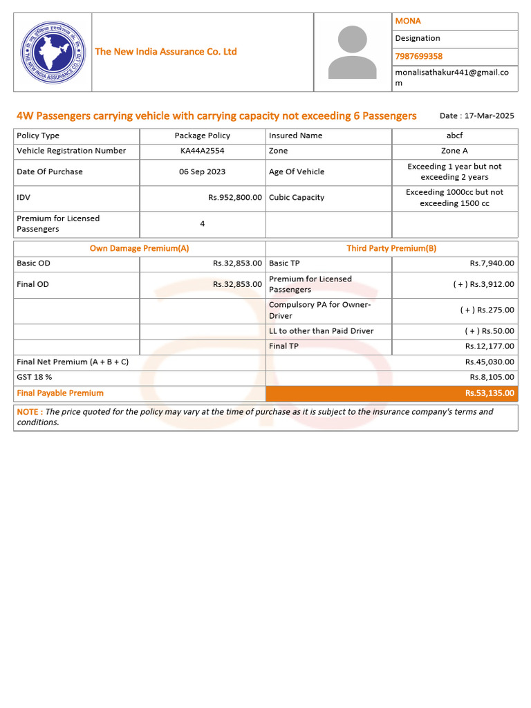 New India Assurance Quotation Doc 1 H8I3KS PCVWCCNEP 17-Mar-2025-11!16 ...