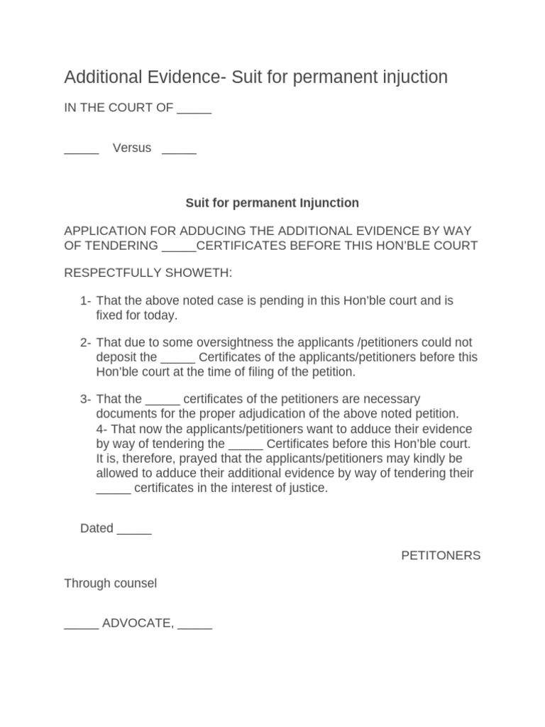 Additional Evidence Suit For Permanent Injuction | PDF