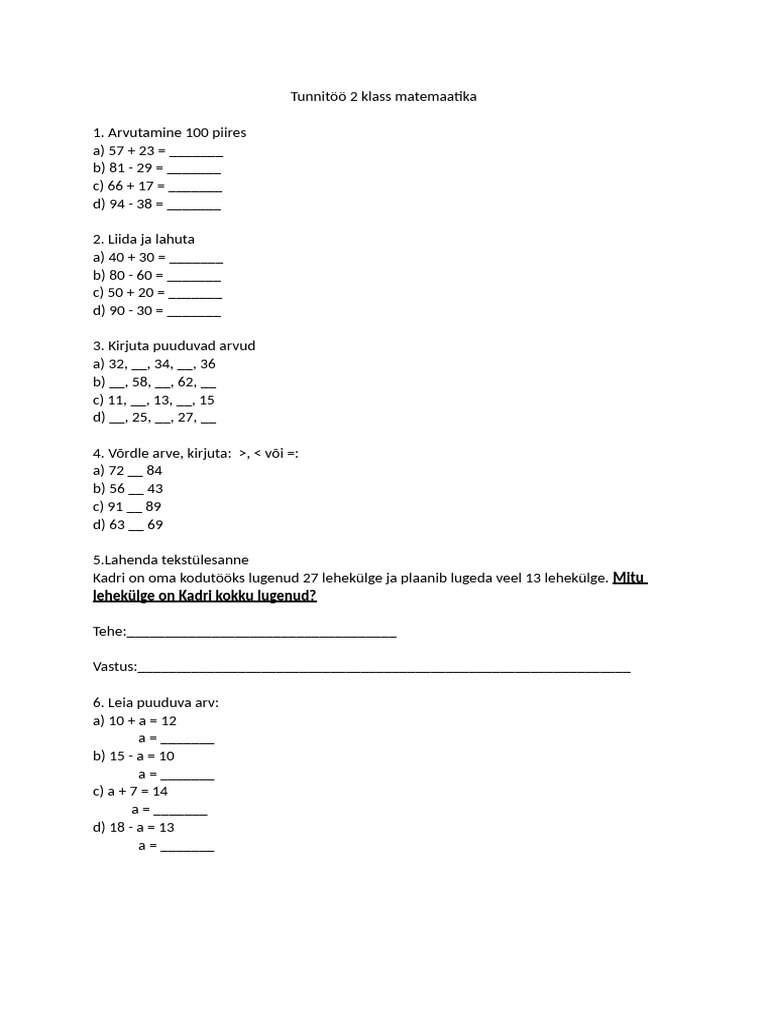 Tunnitöö 2 Klass Matemaatika | PDF