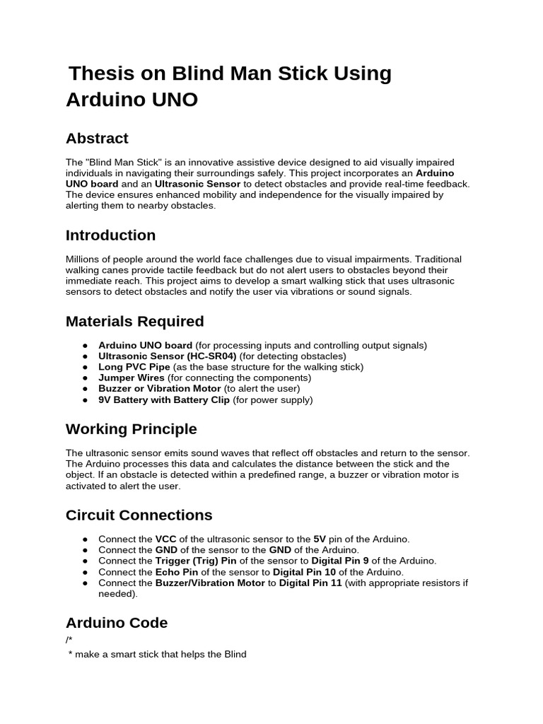 Thesis On Blind Man Stick Using Arduino UNO | PDF | Arduino | Ultrasound