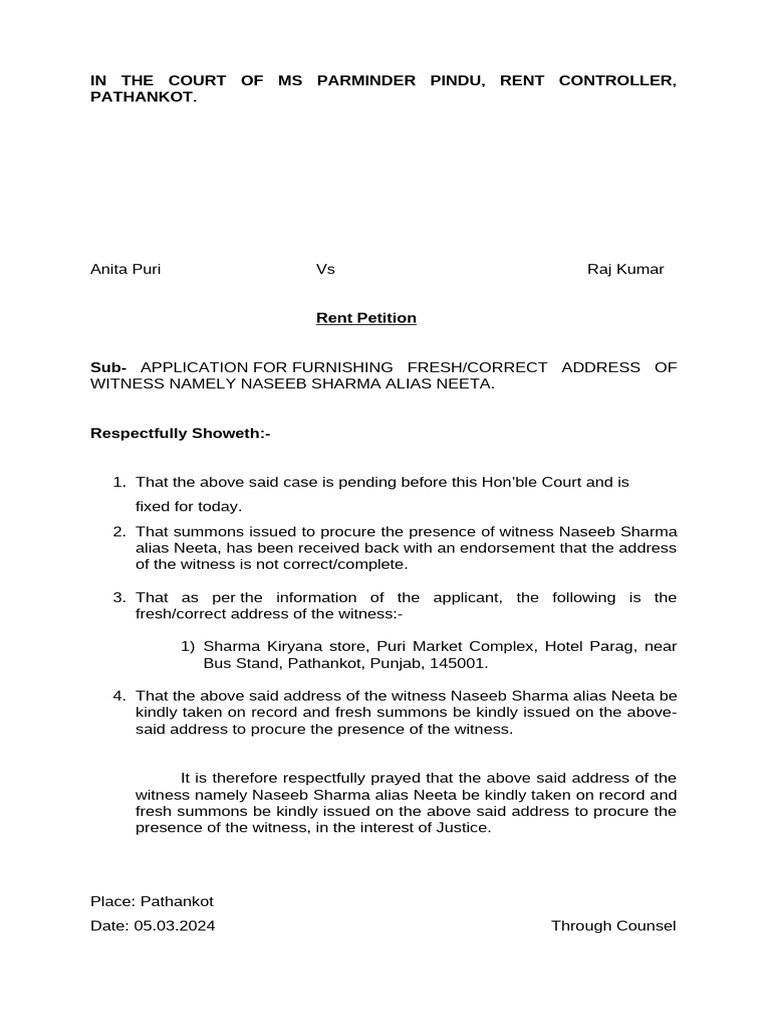 Application For Furnishing Correct Address Rent Controller | PDF