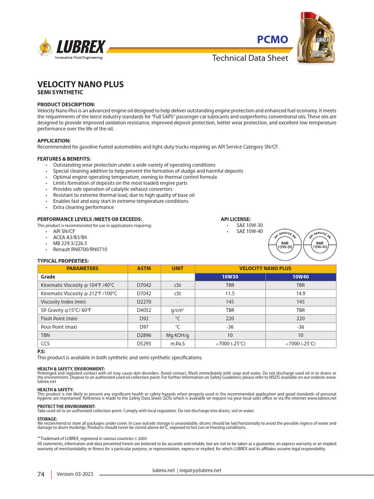 Velocity Nano Plus SS | PDF | Motor Oil | Liquids