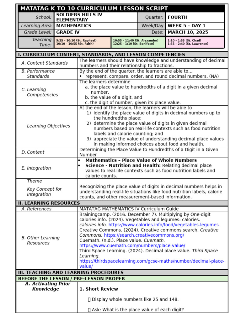 Grade IV Decimal Place Value Lesson | PDF | Learning | Cognition