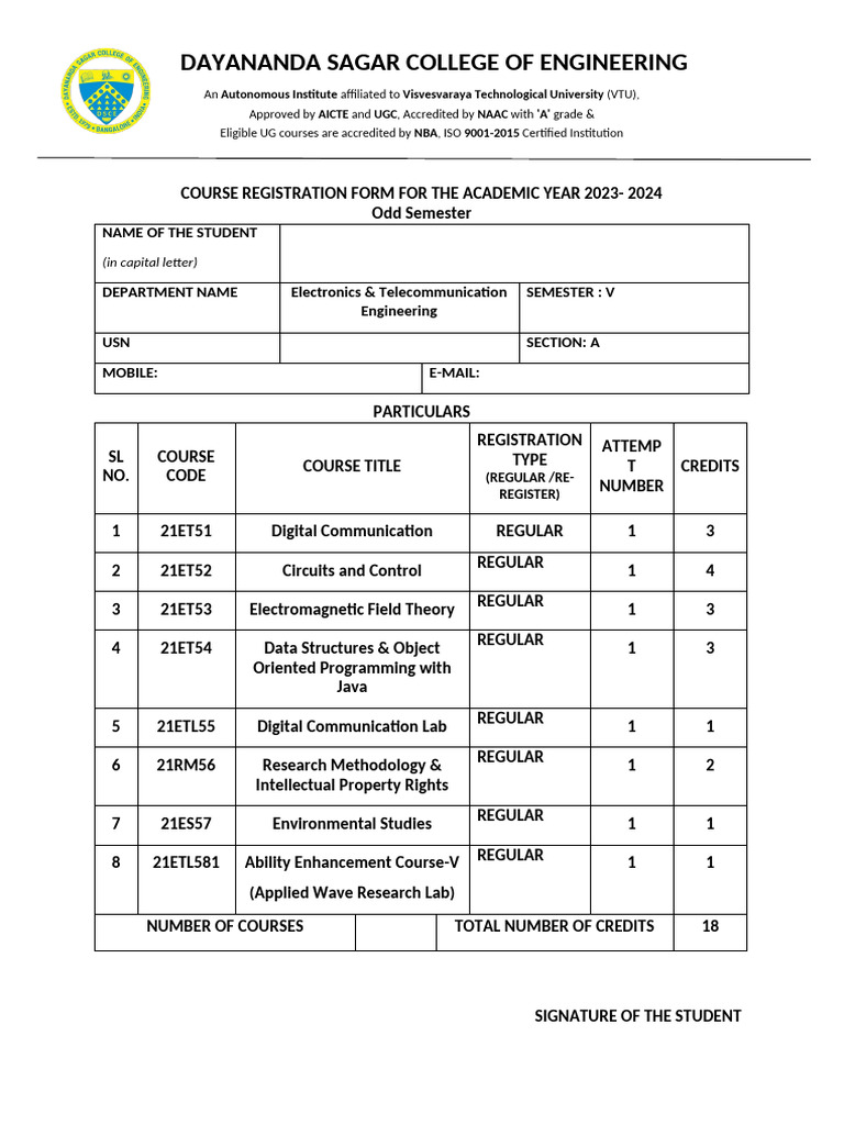 5h Sem-Course Registration Form 2023-24ay | PDF | Electronics
