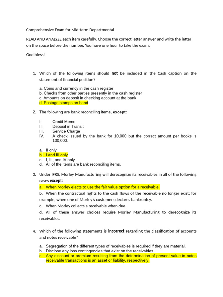 Comprehensive Exam For Mid | PDF | Bad Debt | Discounting