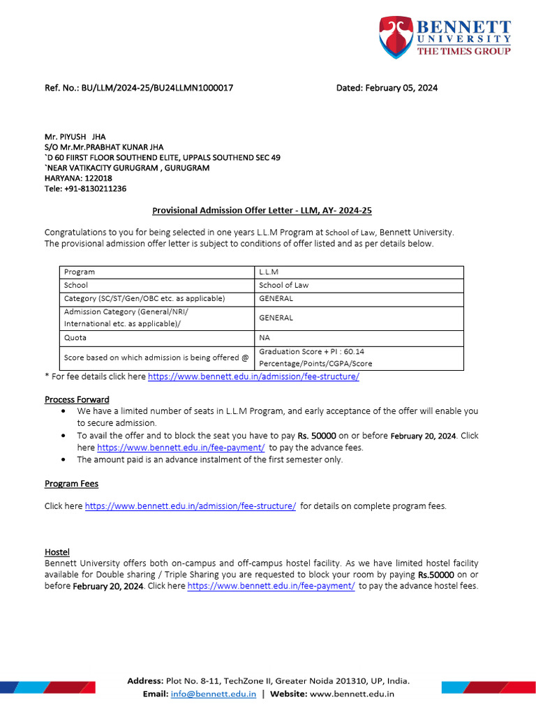 LLM Admission Offer and Fee Details | PDF