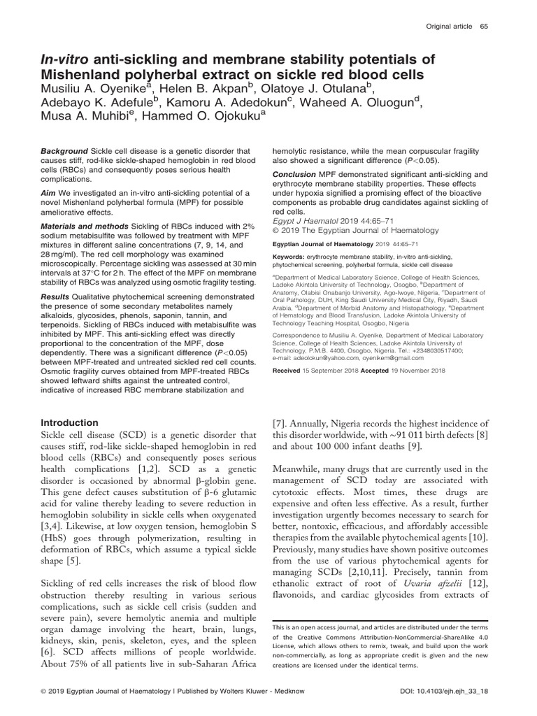 Anti-Sickling Effects of Mishenland Extract | PDF | Biology | Clinical ...