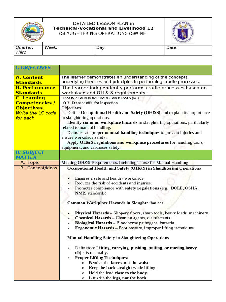 Slaughtering Operations Safety Lesson Plan | PDF | Occupational Safety ...