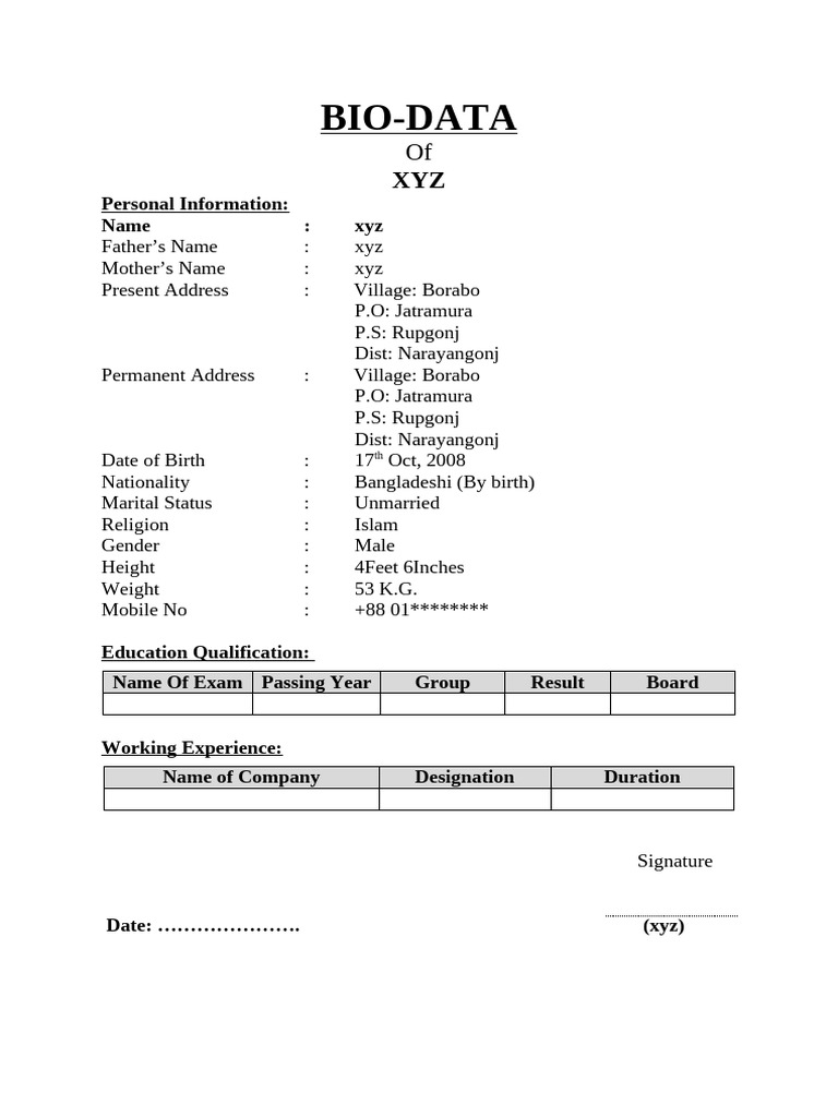 Biodata Format for Personal Profile | PDF