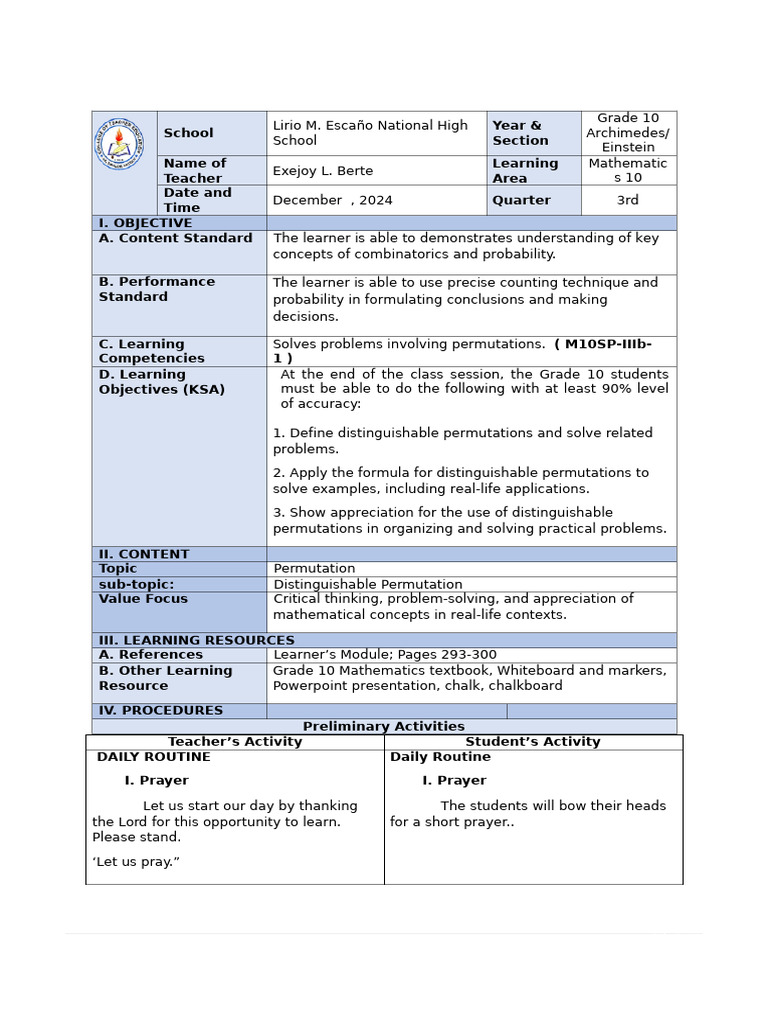 Lesson Plan 2 Distinguishable Permutation | PDF | Permutation | Cognition