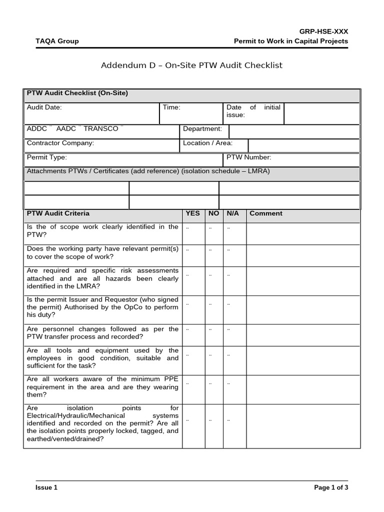 On-Site PTW Audit Checklist Guide | PDF | Workplace | Working Conditions