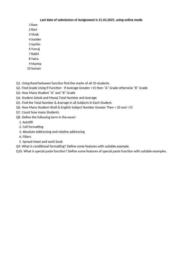 Excel Assignment Submission Details | PDF