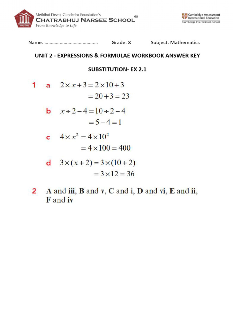 Unit 2 Algebraic Expressions Answers | PDF