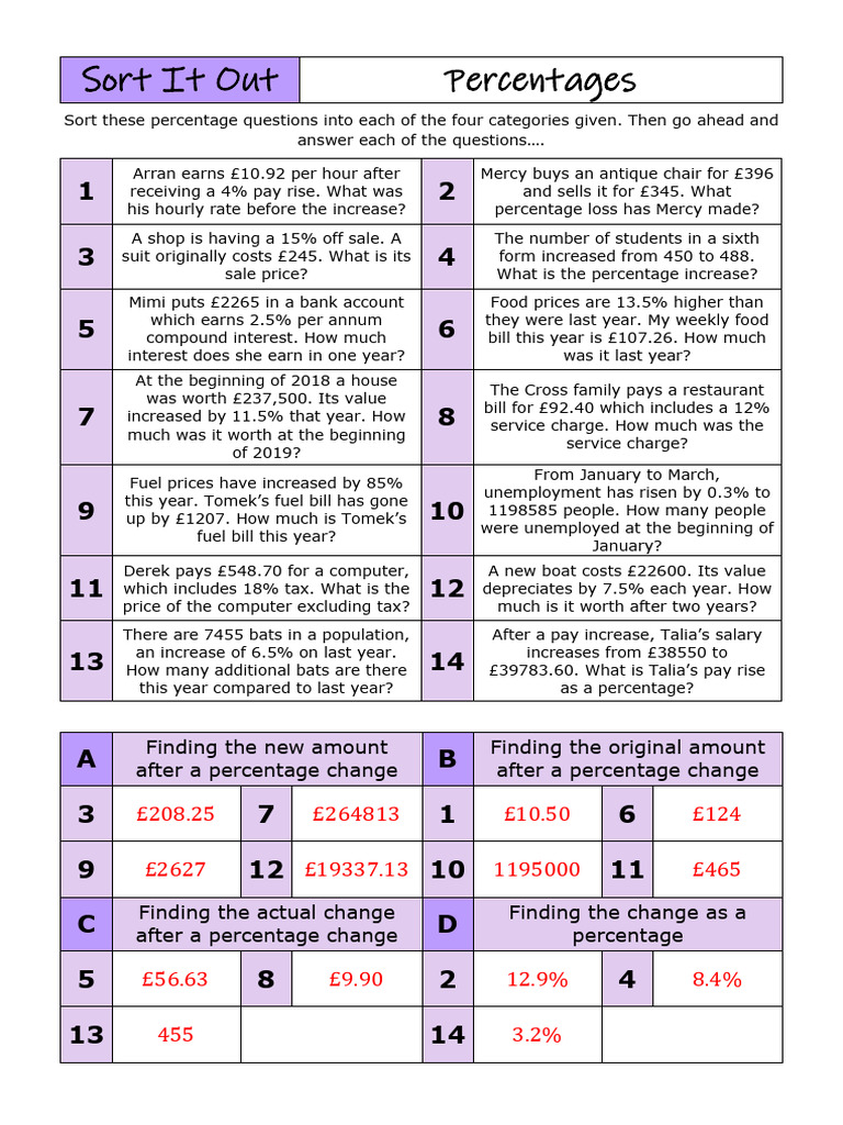 Percentages Sort It Out Answers | PDF | Percentage | Interest