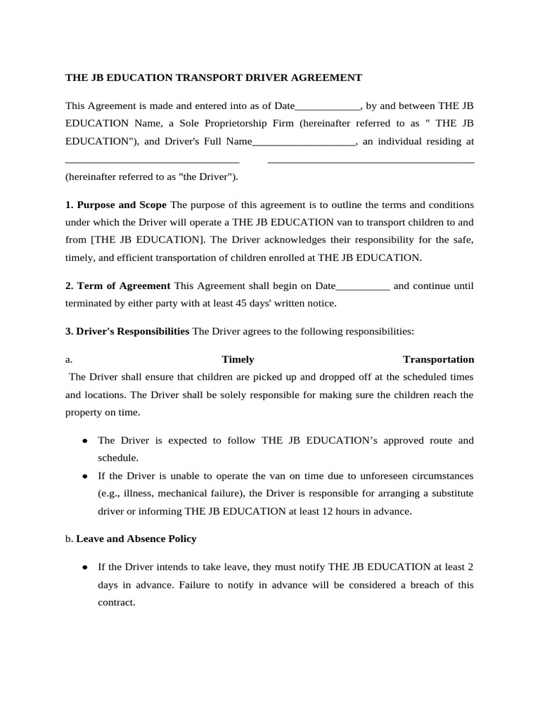 JB Education Transport Driver Agreement | PDF | Common Law | Business Law