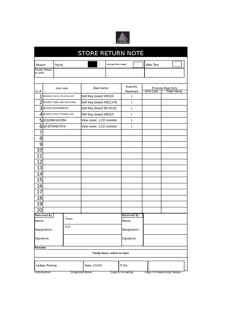 Store Return Note for Faulty Items | PDF