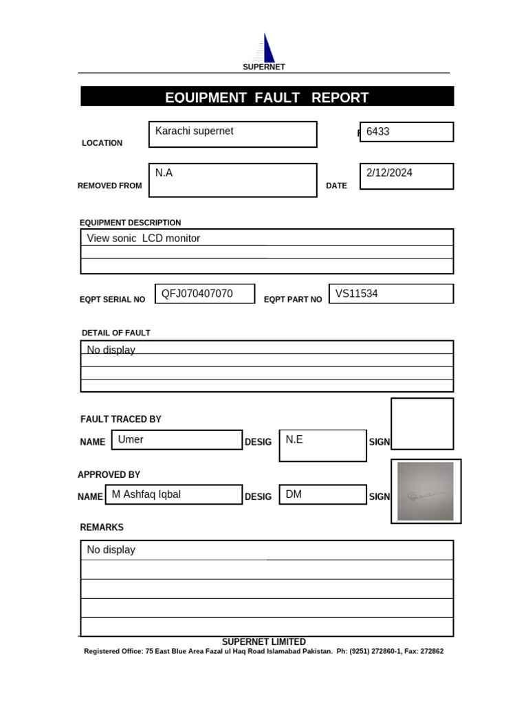 Equipment Fault Report: 6433 Karachi Supernet | PDF