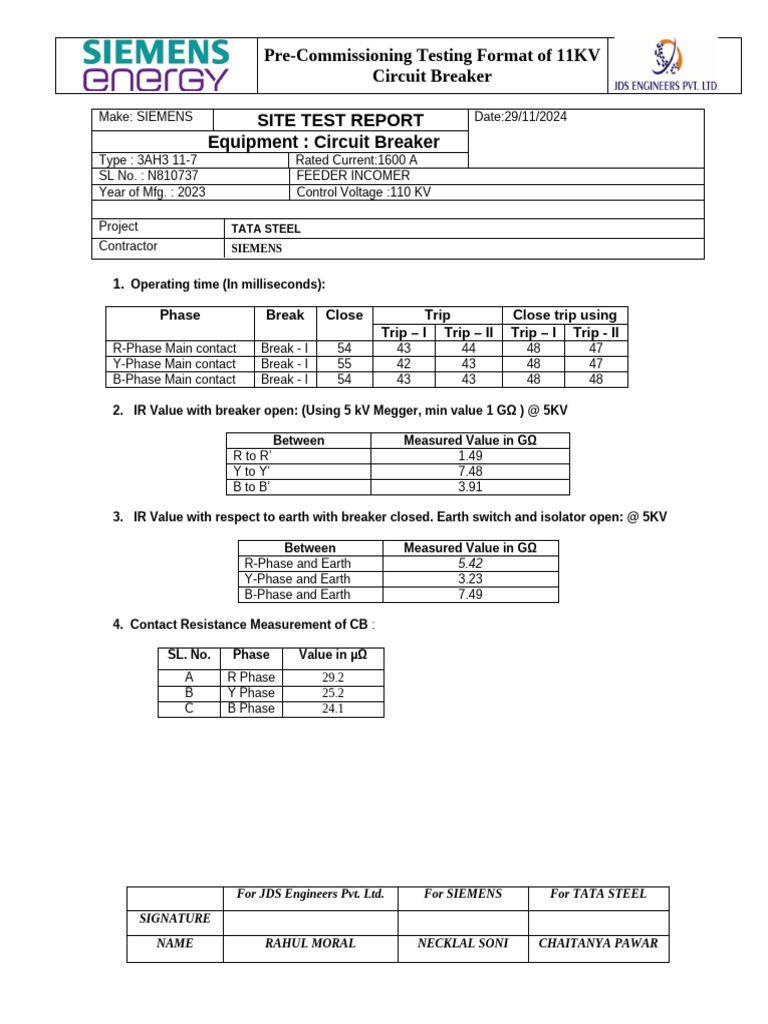 11KV Circuit Breaker Testing Report | PDF