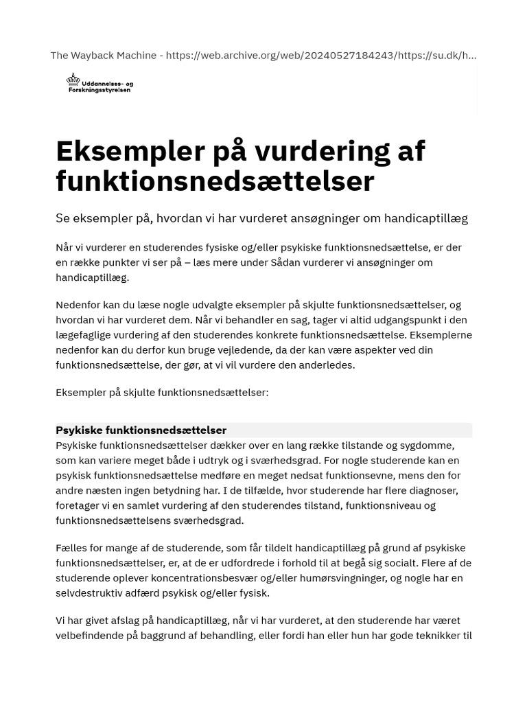 Eksempler På Vurdering Af Funktionsnedsættelser - SU | PDF