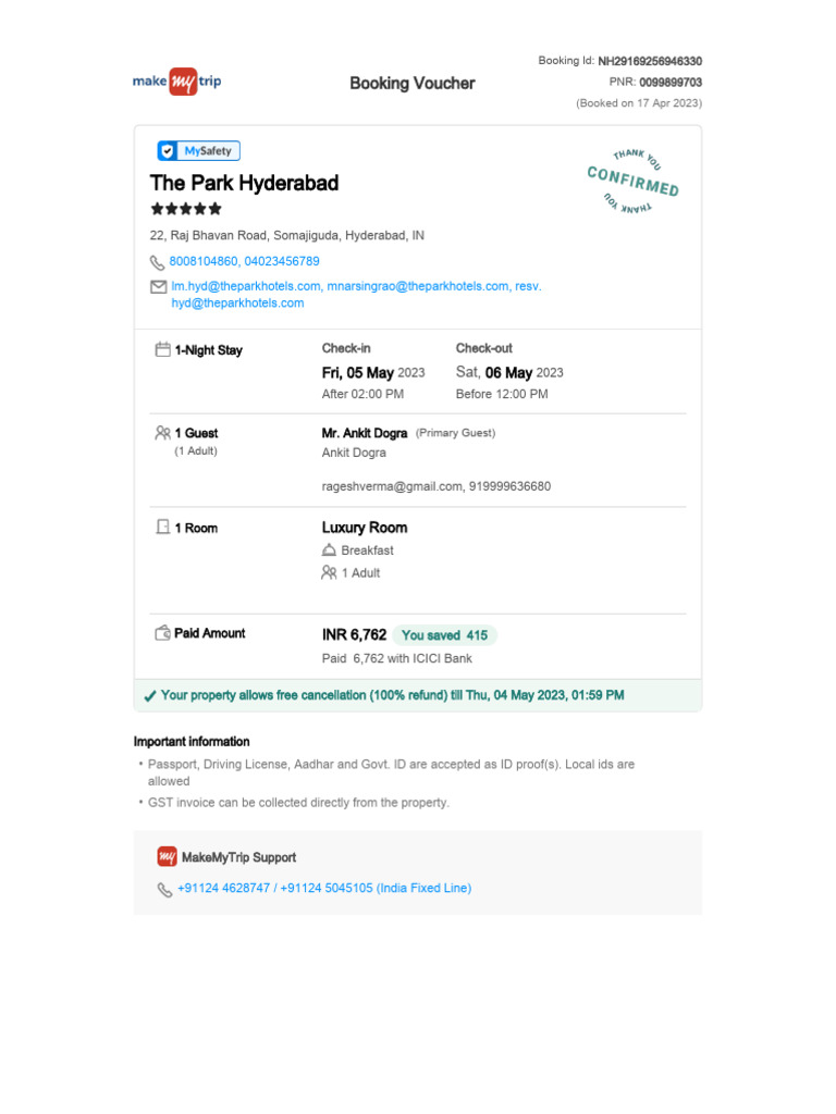 Hotels.com Invoice for The Park Hyderabad | PDF