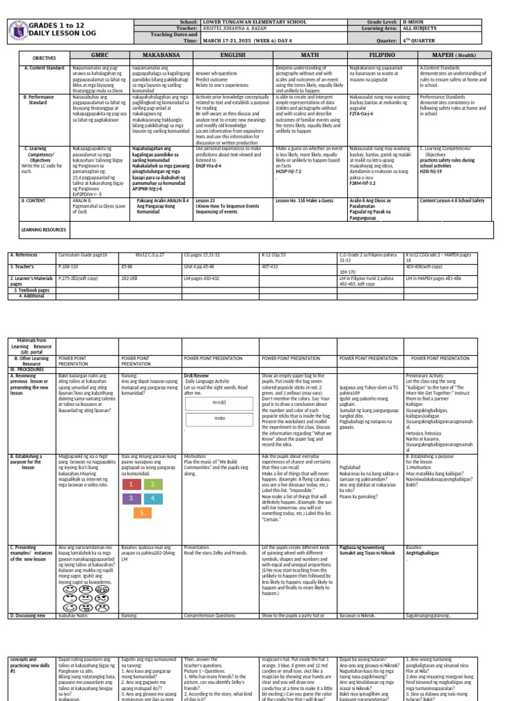 Grade 2 Daily Lesson Log: Week 6 | PDF