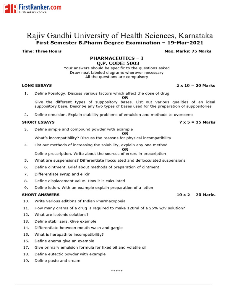 B.Pharm Pharmaceutics Exam Paper 2021 | PDF | Topical Medication | Emulsion