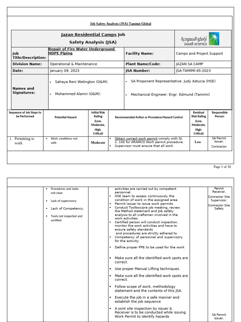 Jazan Camp Fire Water Piping JSA | PDF | Personal Protective Equipment ...