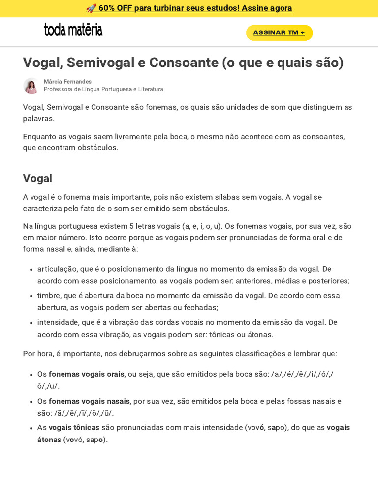 Vogais, Semivogais e Consoantes | PDF | Fonema | Vogal
