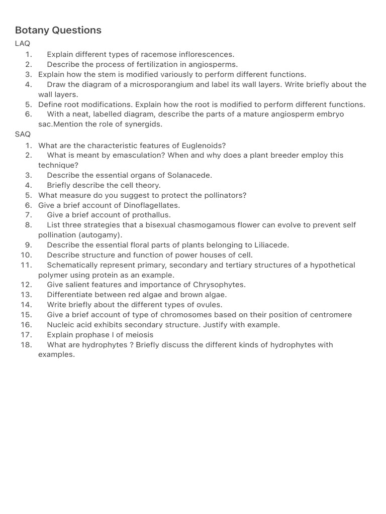 Key Botany Questions and Answers | PDF