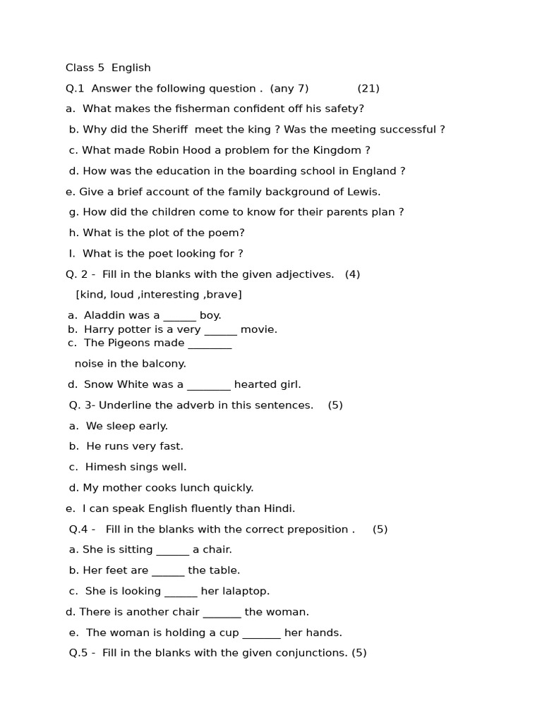 Class 5 English Fill-in-the-Blanks Exercise | PDF