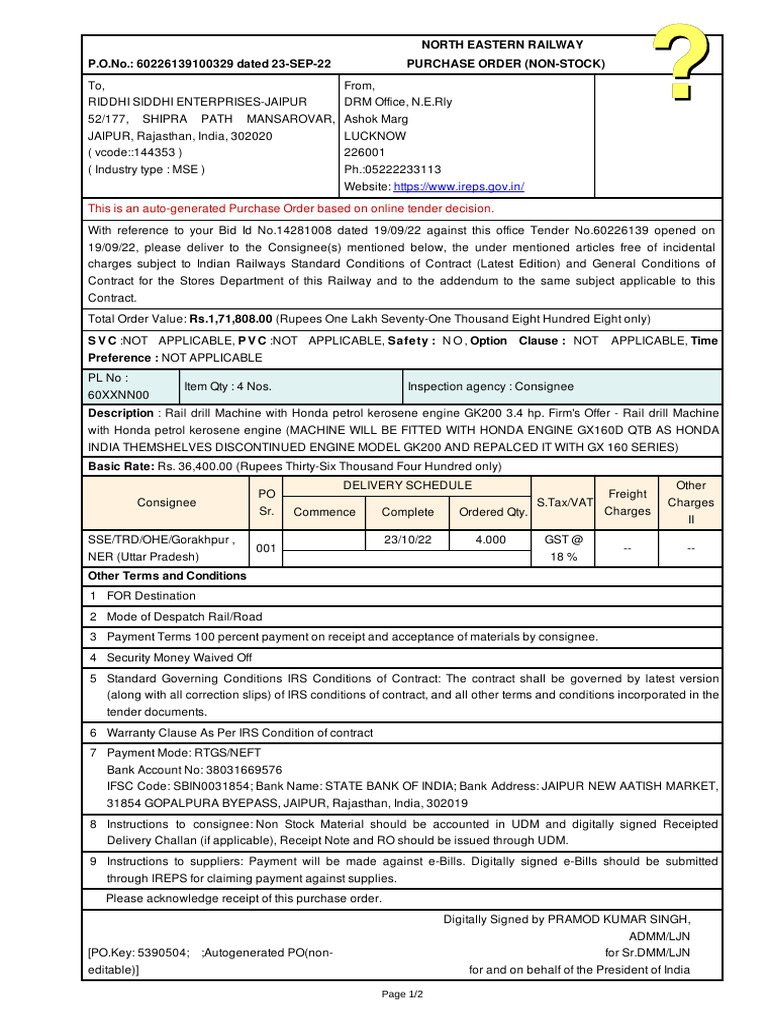 Purchase Order for Rail Drill Machine | PDF | Receipt | Business