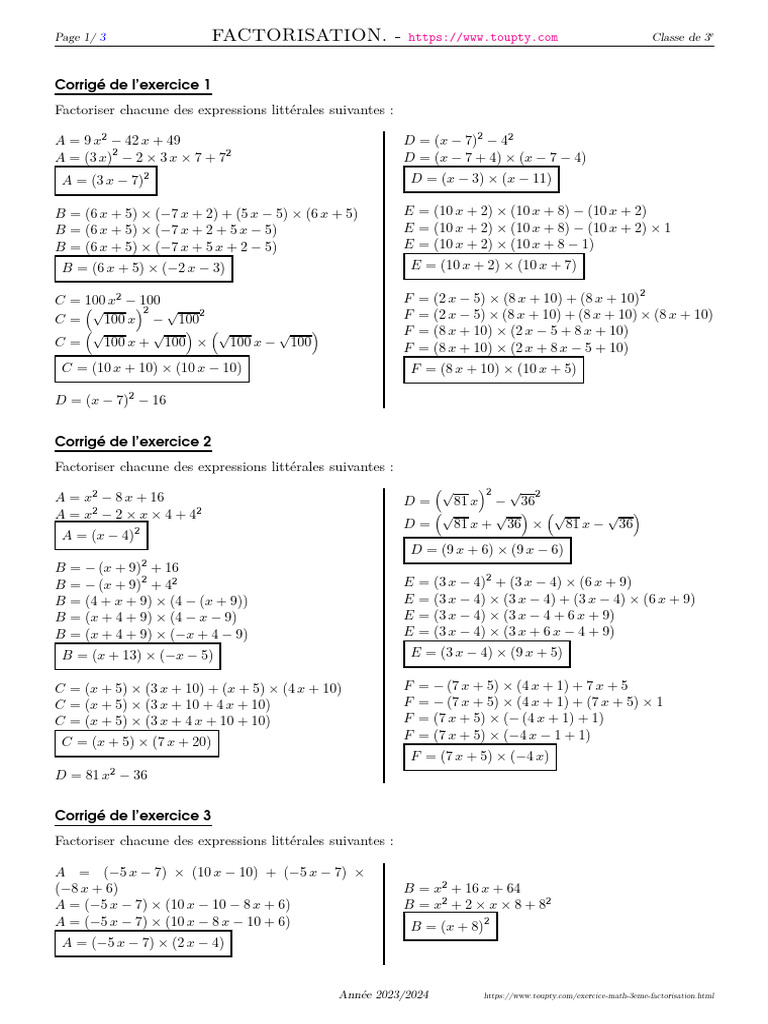 Exercices de Factorisation 3ème | PDF