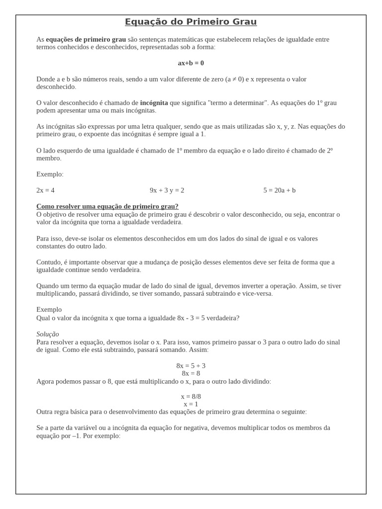 Equação Do Primeiro Grau | PDF | Equações | Matemática