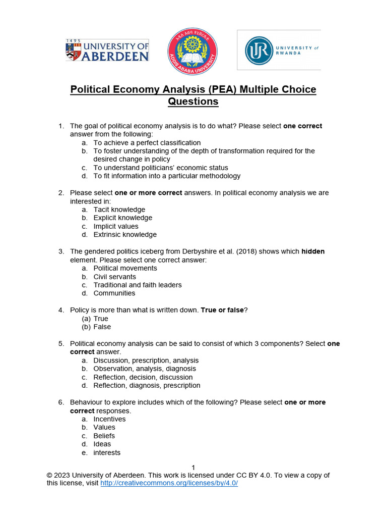 Political Economy Analysis MCQs | PDF | Knowledge | Policy