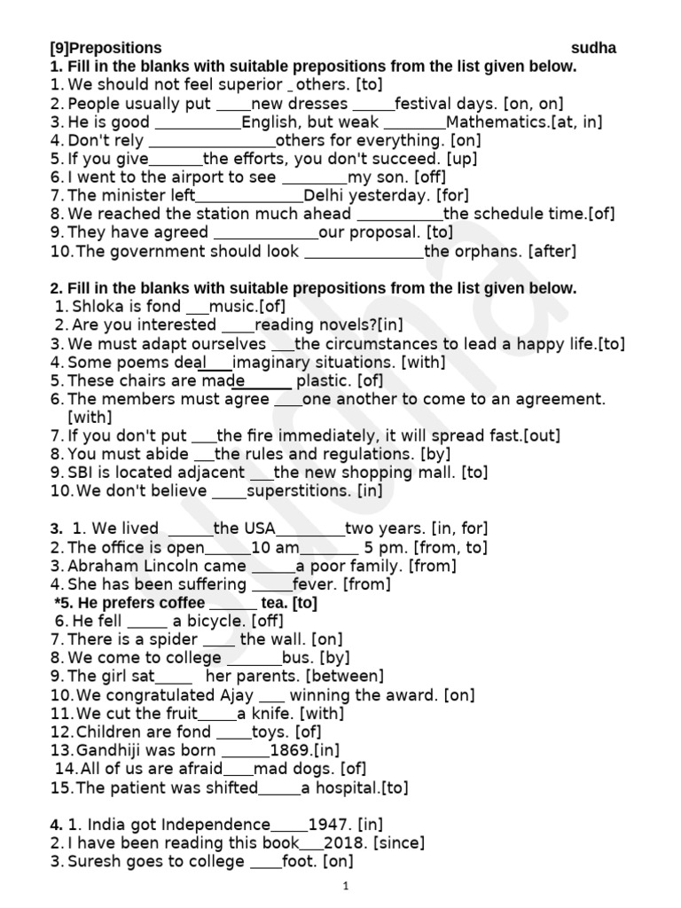 Preposition Practice with Answer Key | PDF