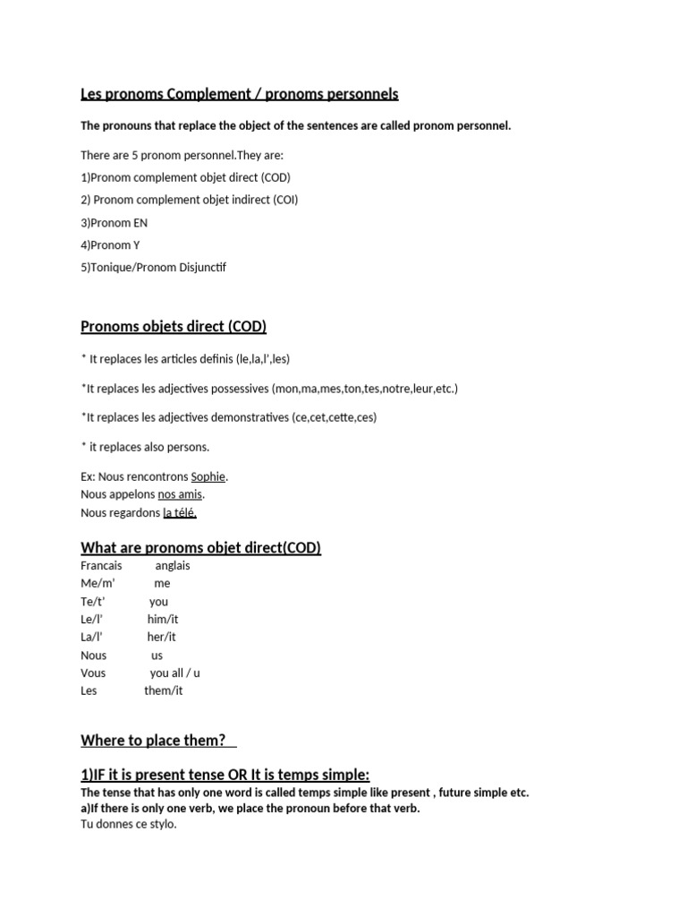 Pronoms personnels et compléments | PDF | Pronom | Grammaire