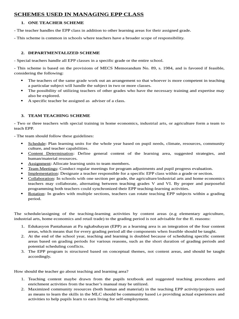 Managing EPP Class: Teaching Schemes | PDF | Educational Assessment ...