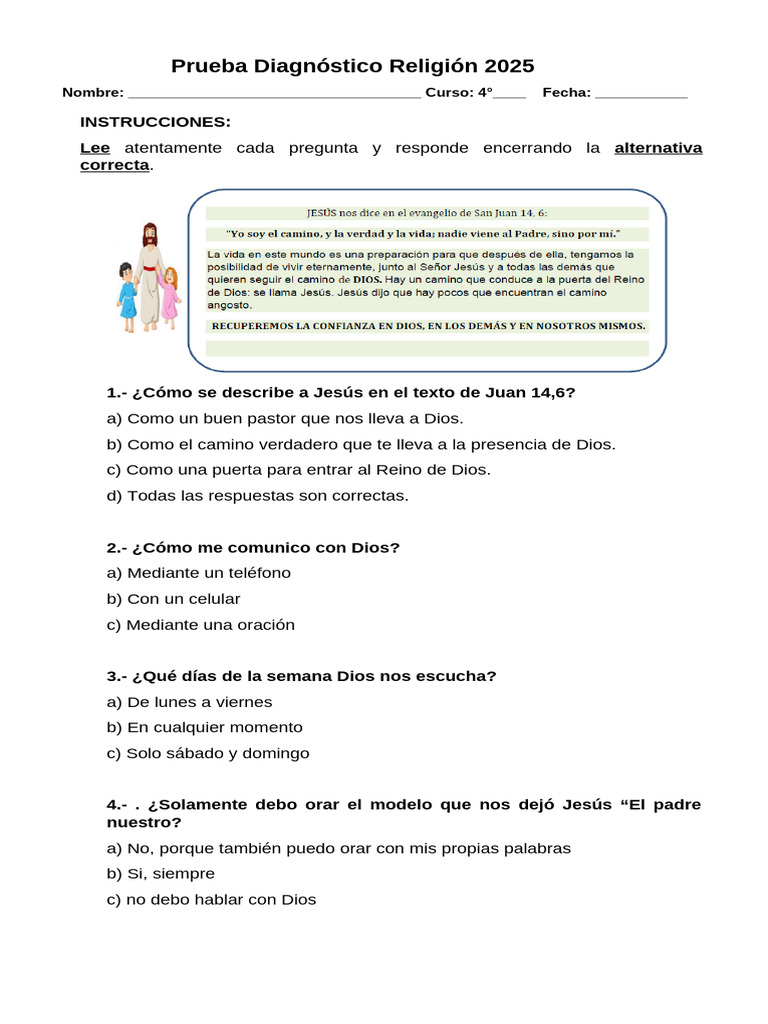 Prueba Diagnóstico Religión 2025 | PDF