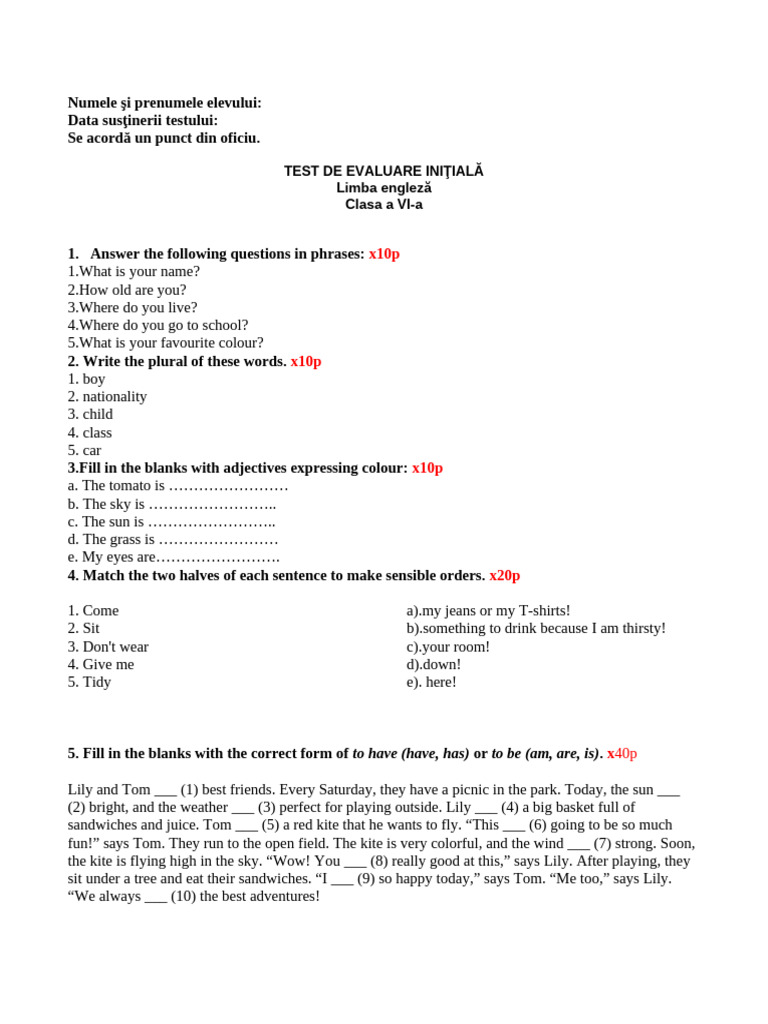 Test Initial Engl Cls A 6a | PDF