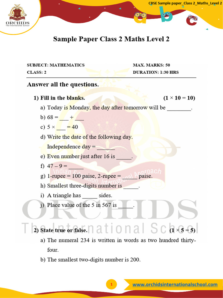 question-sample-paper-class-2-maths-level-2 | PDF | Mathematics
