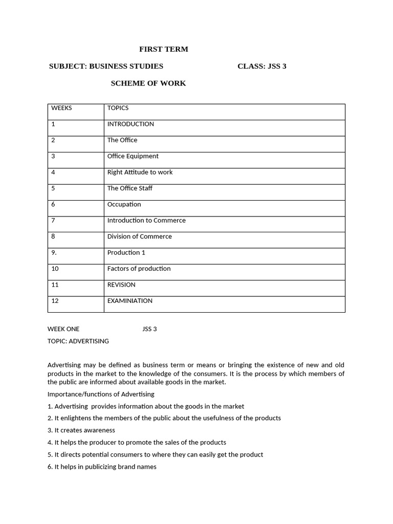 JSS 3 Business Studies Scheme of Work | PDF | Debits And Credits ...